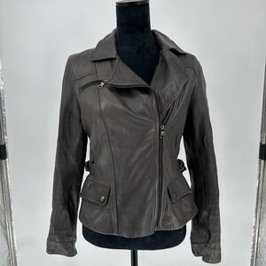 Banana Republic Gray Brown Moto Leather Zip Jacket Women's Pet M Distressed FLAW
